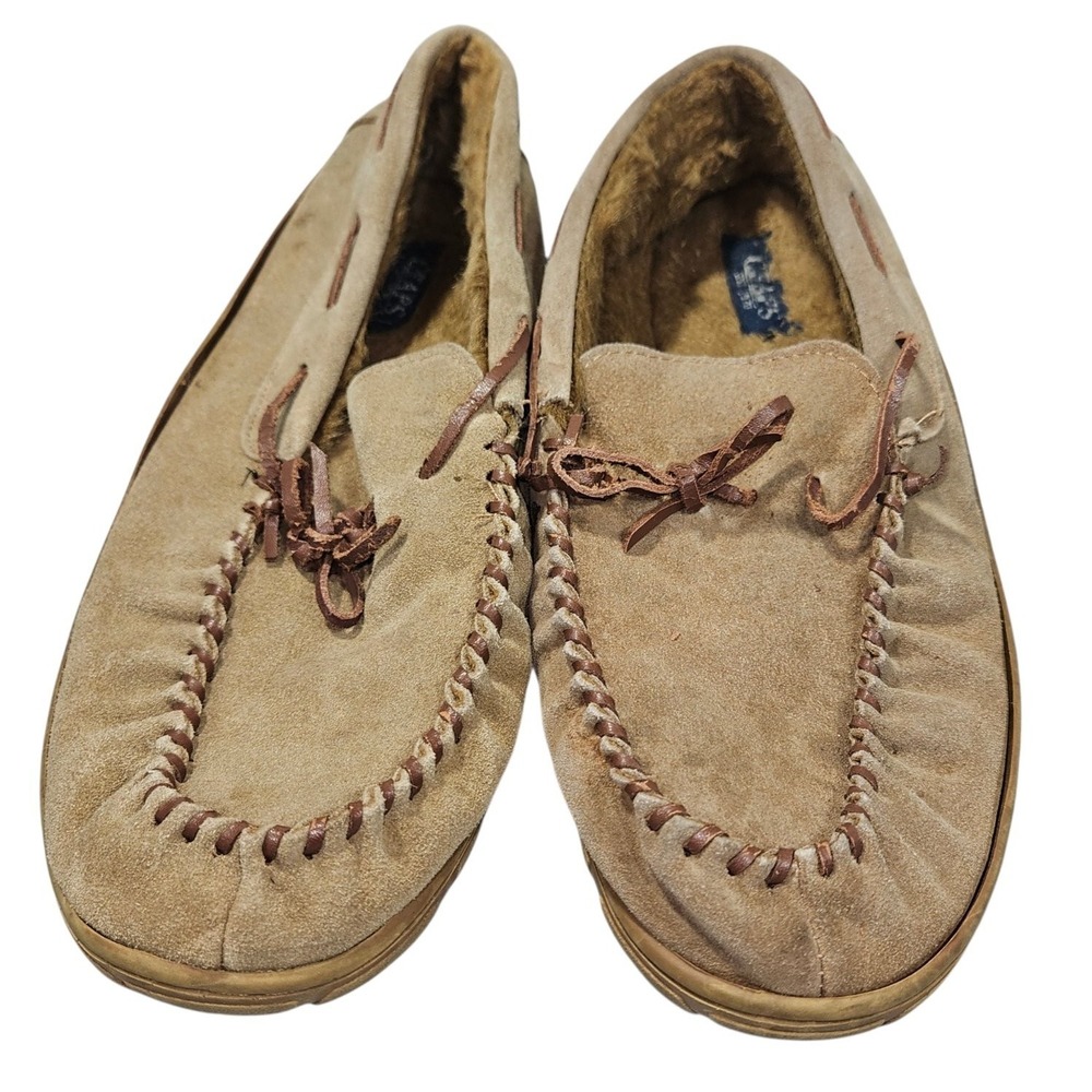 Chaps Mens Moccasin Slippers Tan‎ Suede Faux Fur Lined Loafers Size XL 11-12